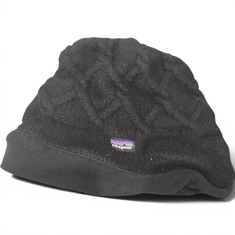 Patagonia Black Knit Fleece Lined Beanie Hat Diamond Pattern Logo Winter Cap